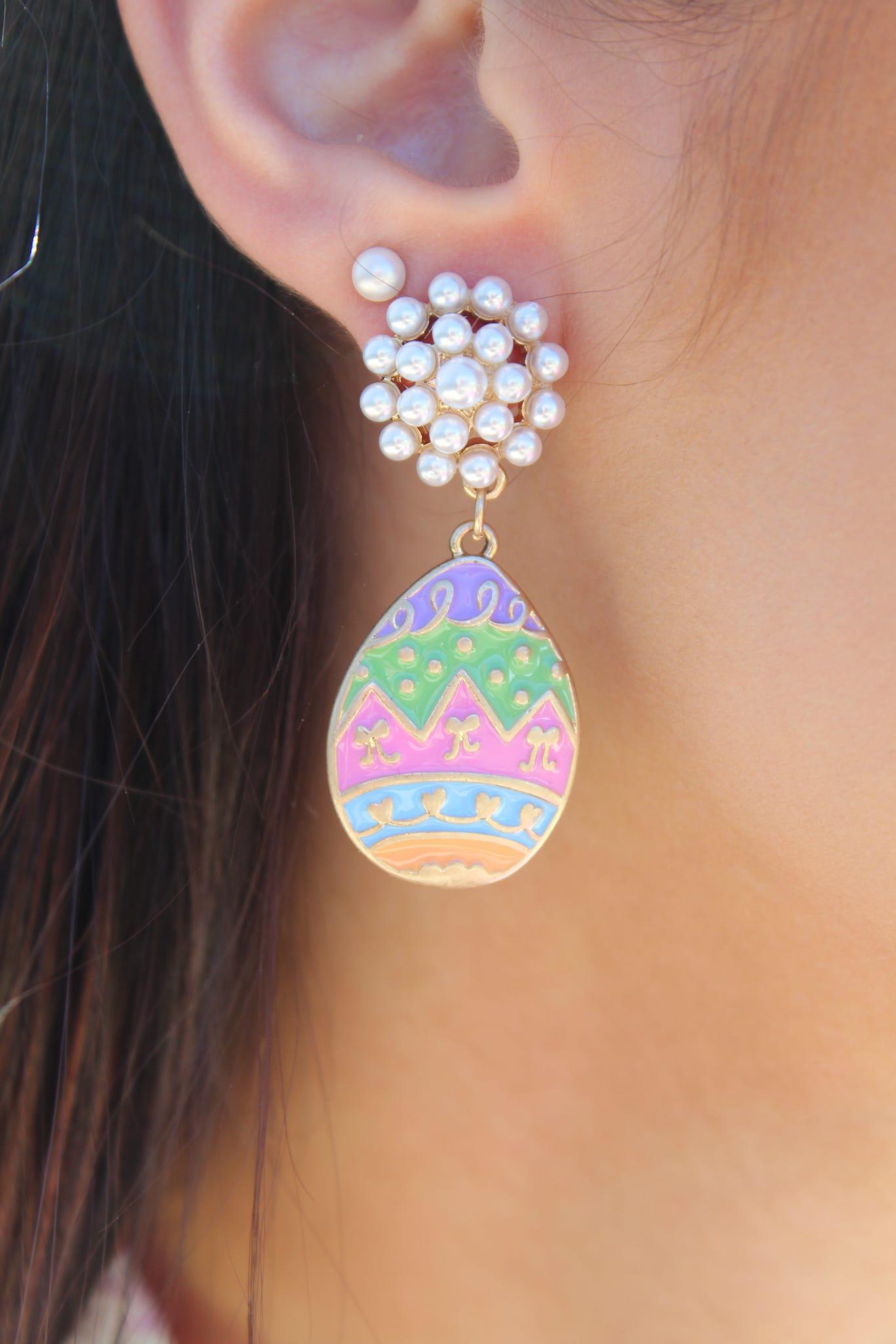 Easter Egg Pearl Cluster Enamel Earrings in Multi