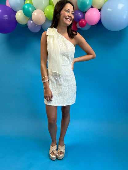 One Shoulder Cream Mini Dress with Floral