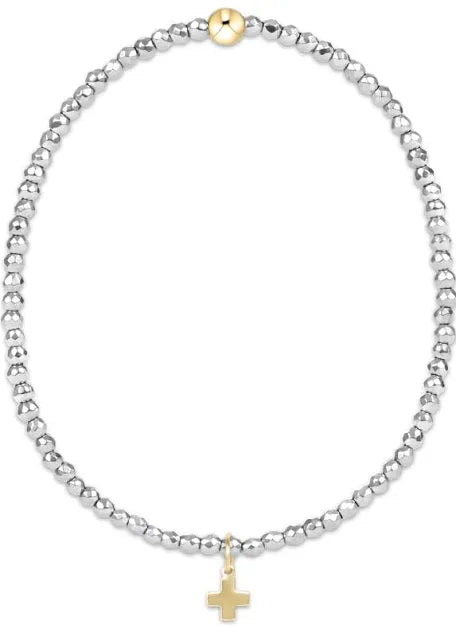 Enewton Extends - Bright Silver Faceted Hematite 2mm Bead Bracelet - Signature Cross Gold Charm