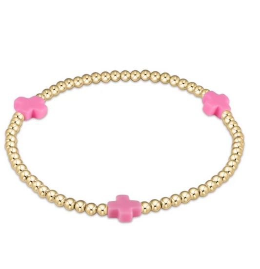 Signature Cross Gold Pattern 3mm Bead Bracelet - Bright Pink