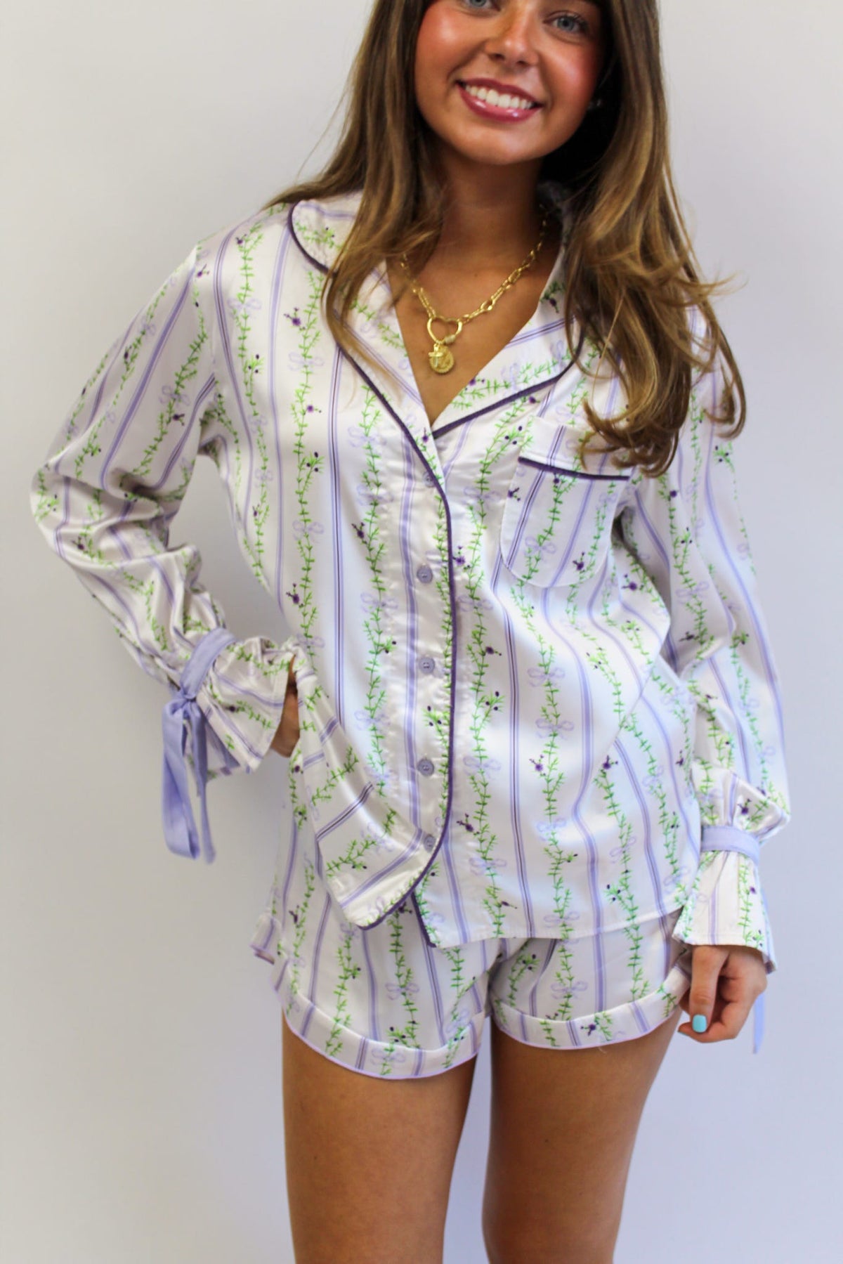 Blooming Stripes Satin Pajama Shorts