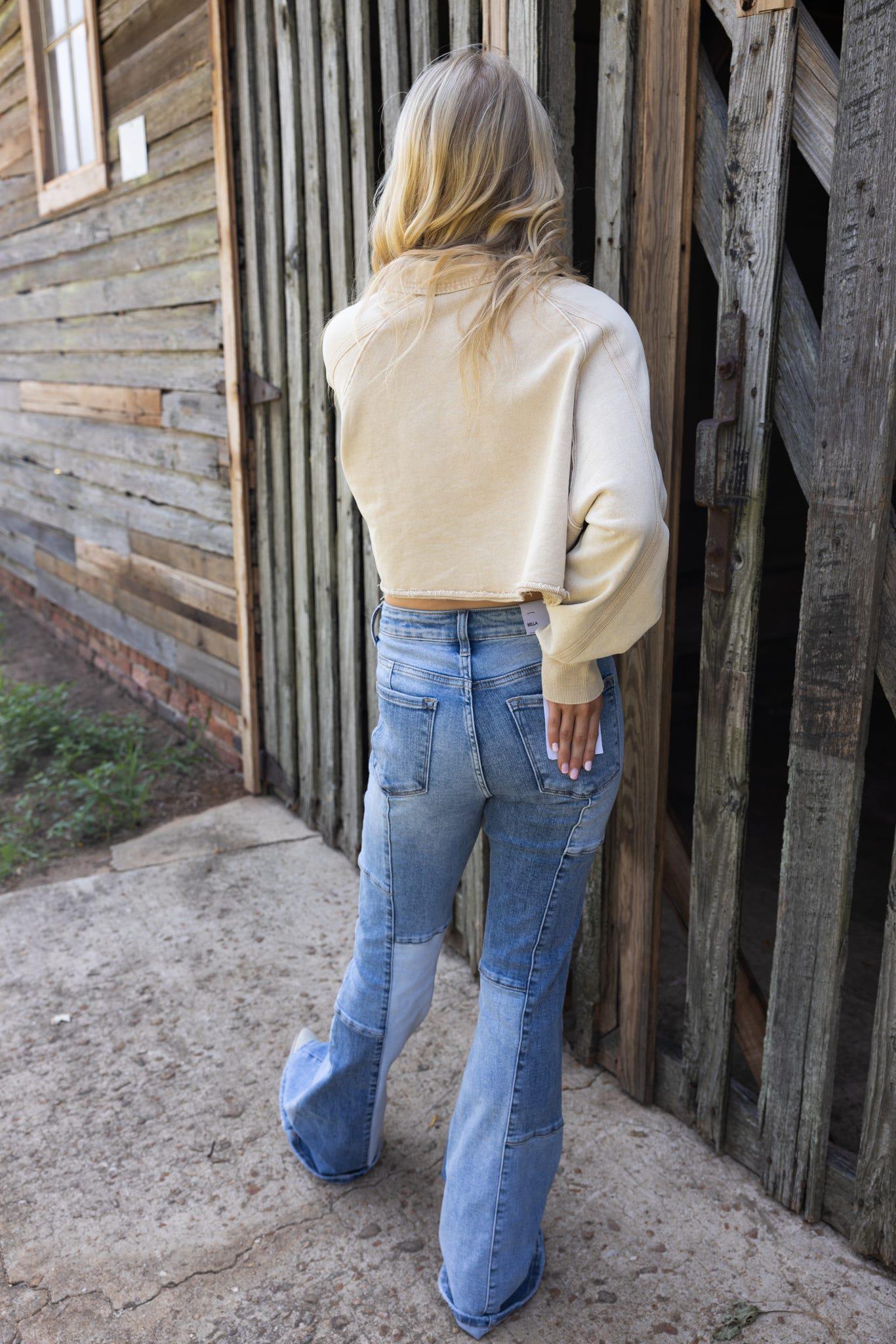 High Rise Super Flare Jeans With Color Block