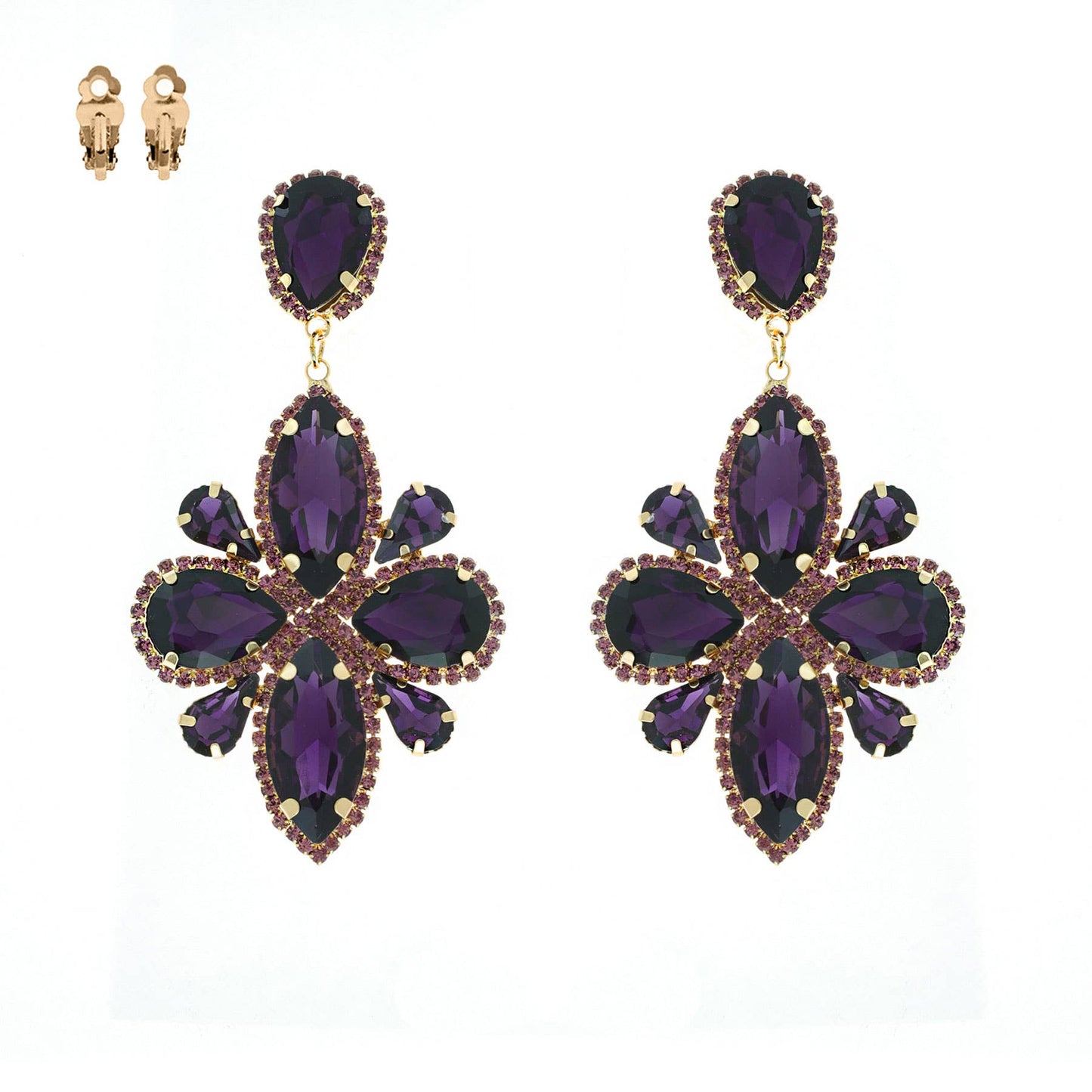 Statement Large Crystal Flower Clip On Earrings: Gold Multi Iridescent