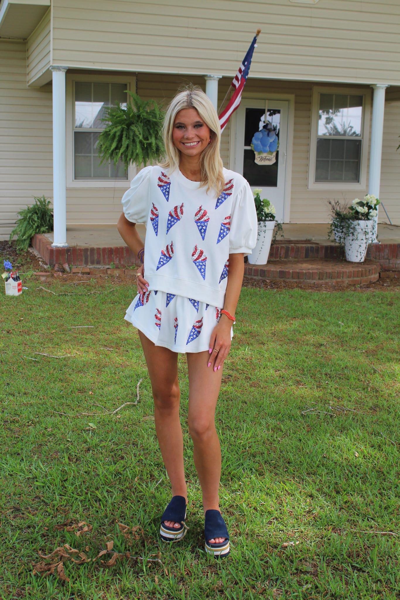 USA Flag Soft Ice Cream Rhinestone Puff Sleeve Top
