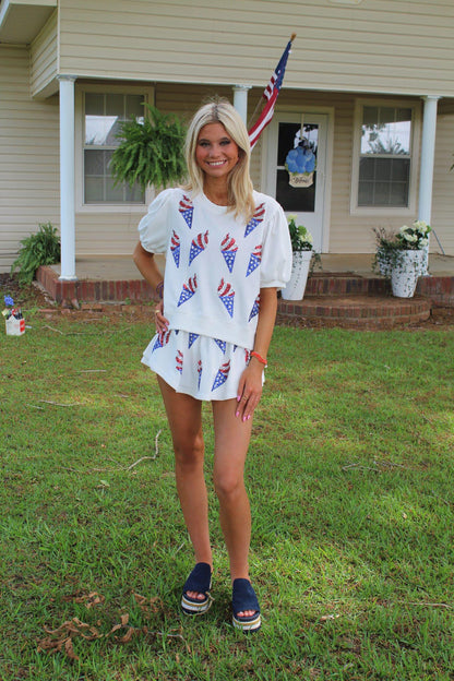 USA Flag Soft Ice Cream Rhinestone Puff Sleeve Top