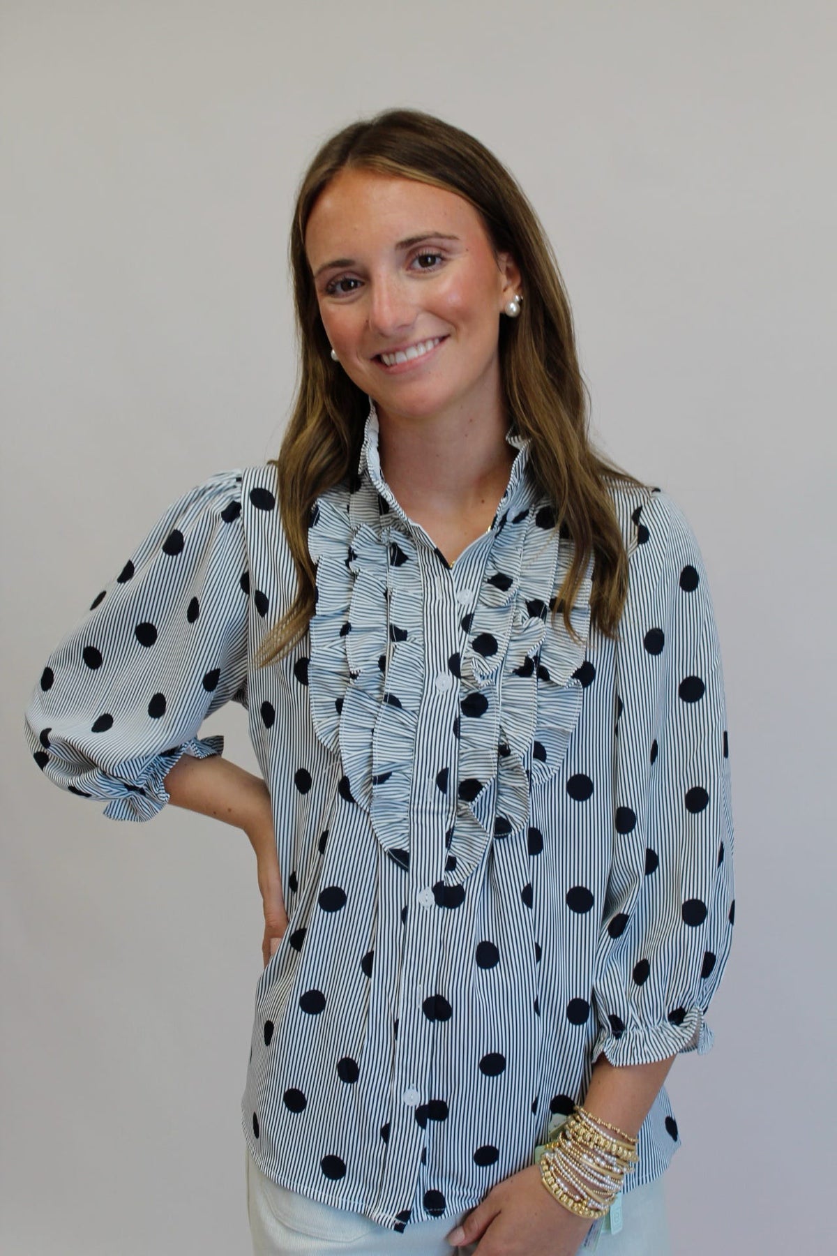 Black Dottie Ruffle Button Up Top