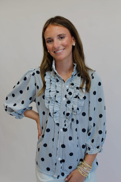 Black Dottie Ruffle Button Up Top