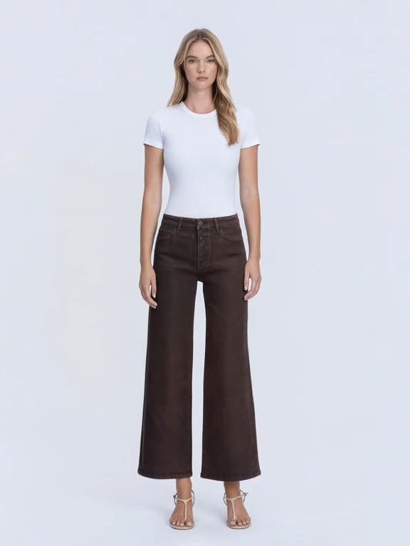 High Rise Chicory Coffee Coated Wide Leg Jeans