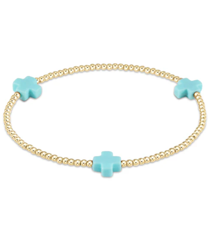 Signature Cross Gold Pattern 2mm Bead Bracelet - Turquoise