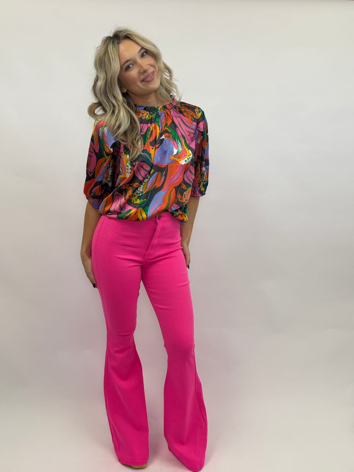 High Waisted Neon Pink Stretch Bell Bottoms