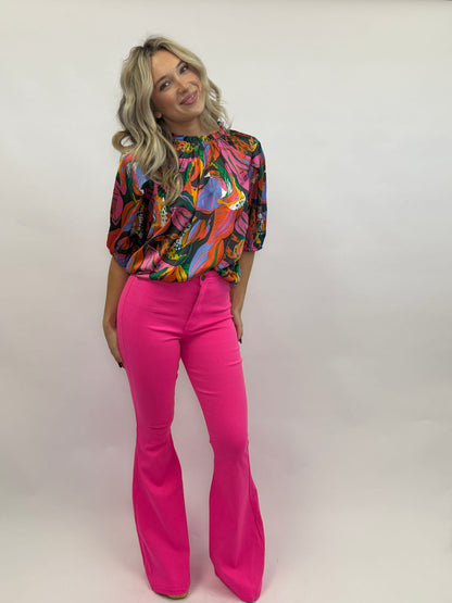 High Waisted Neon Pink Stretch Bell Bottoms