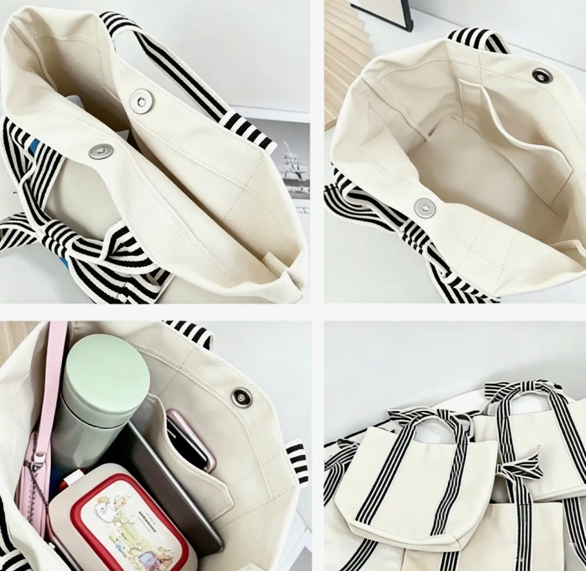 Striped Canvas Bow Handle Tote Bag