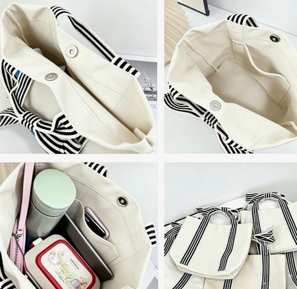 Striped Canvas Bow Handle Tote Bag