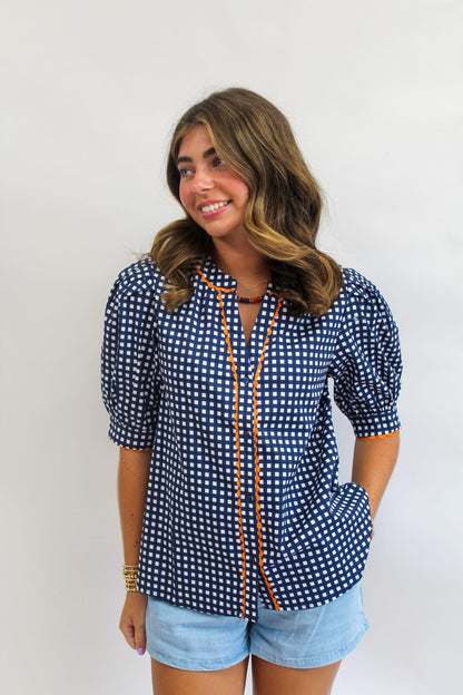 Navy/Orange Gingham Elaine Top