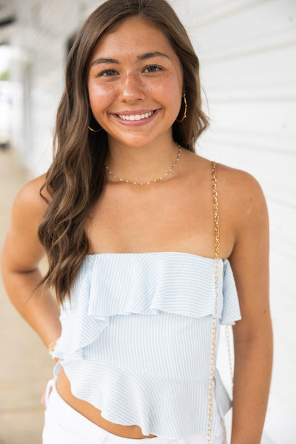 Blue Stripe Asymmetric Tiered Ruffle Tube Crop Top