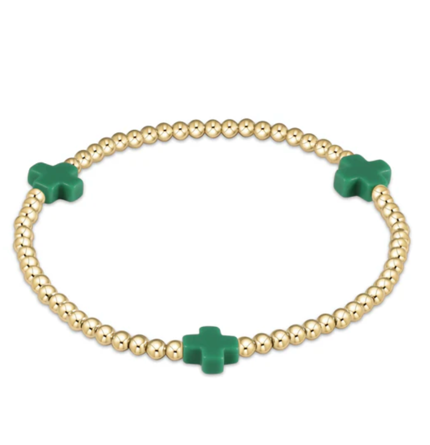 Signature Cross Gold Pattern 3mm Bead Bracelet - Emerald