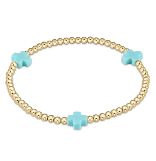 Signature Cross Gold Pattern 3mm Bead Bracelet - Turquoise