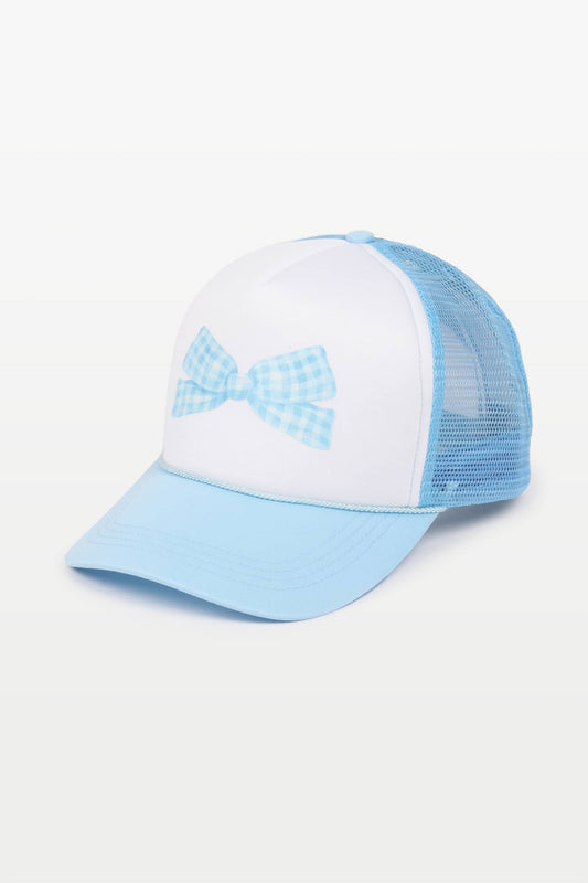 GINGHAM BOW  ON TWO TONED TRUCKER HAT: Blue