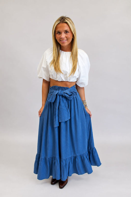 The Tie Affair Denim Maxi Skirt