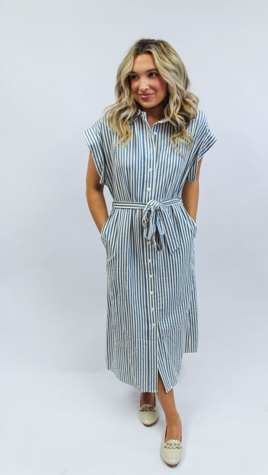 Brianna Blue Button Up Striped Dress