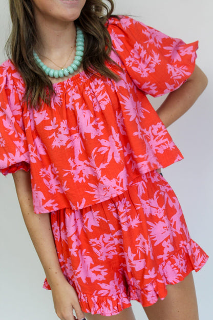 Two Tone Floral Print Puff Sleeve Top with High Waisted Smocked Ruffle