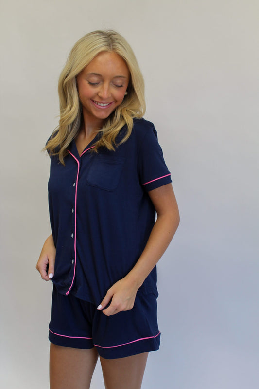 Elizabeth Short Sleeve Button Up Sleep Shirt Navy/Pink