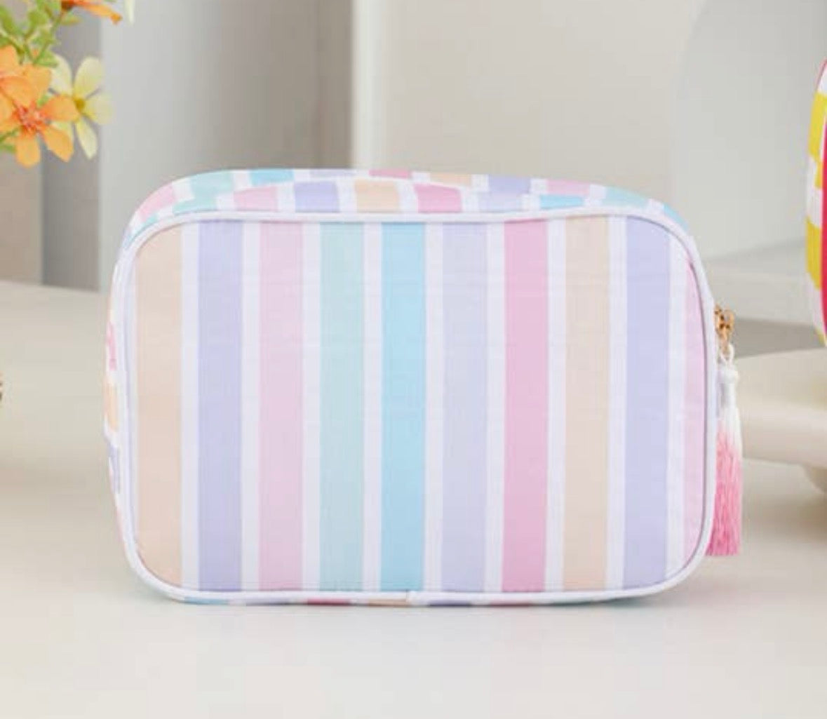Color-Blocked Striped Cosmetic/Makeup Bag w/ Tassel