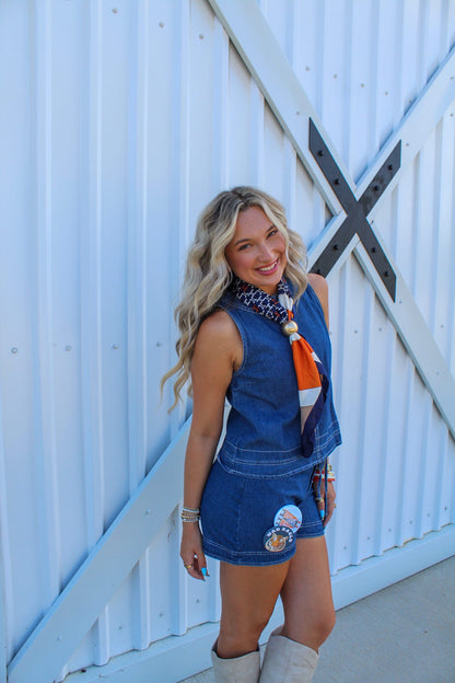 All Day Game Day Denim Sleeveless Top & Drawstring Shorts