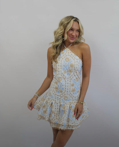 Tinsley Embroidered Halter Mini Dress