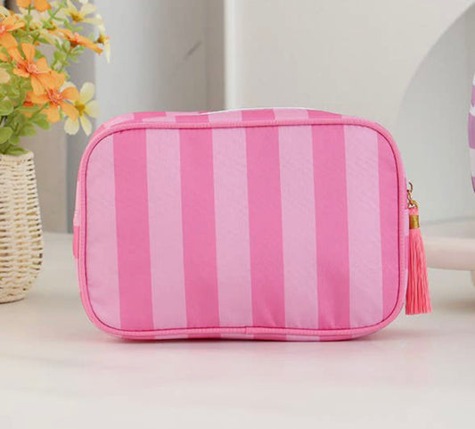 Color-Blocked Striped Cosmetic/Makeup Bag w/ Tassel