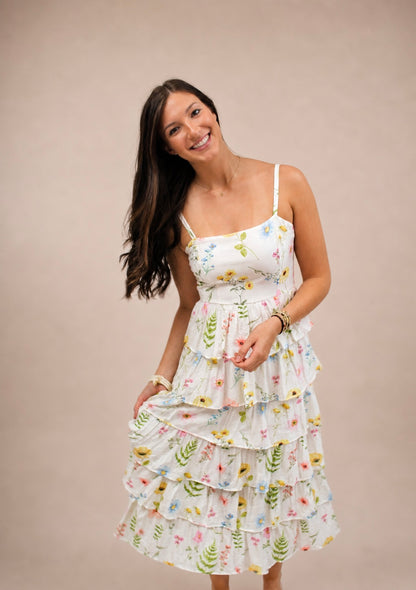 Tatum Smocked Off White Midi Dress