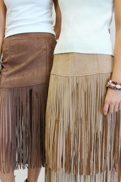 Frivolous Fringed Faux Suede Skirt