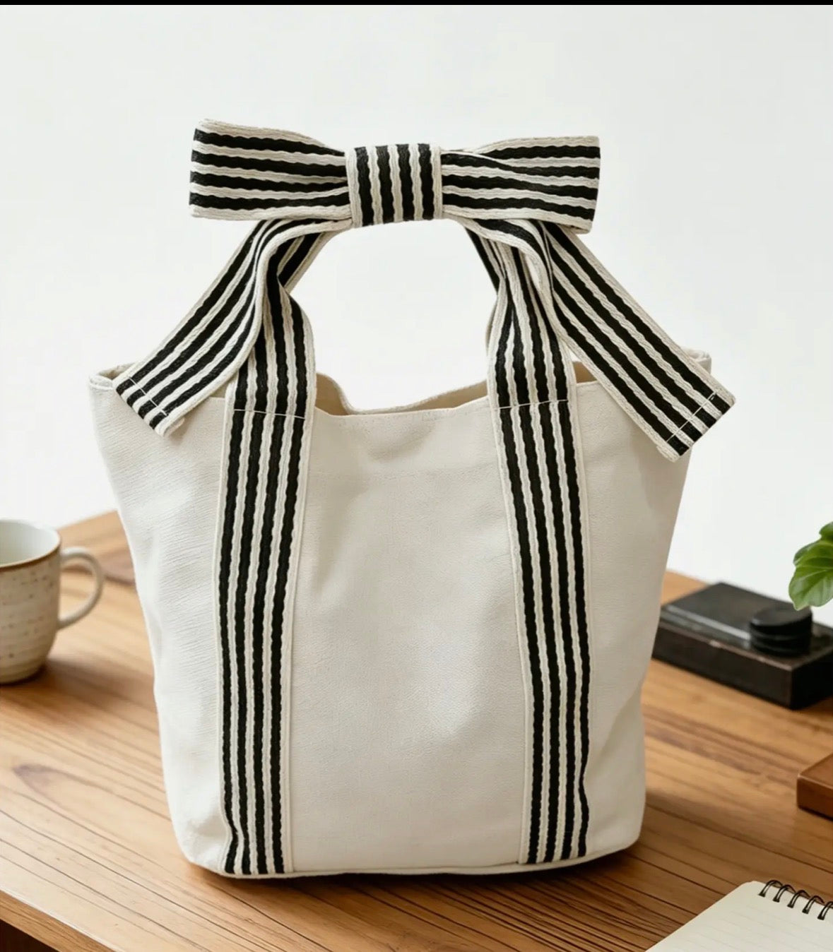 Striped Canvas Bow Handle Tote Bag