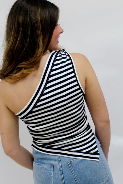 Statement Stripe One-Shoulder Top - Navy