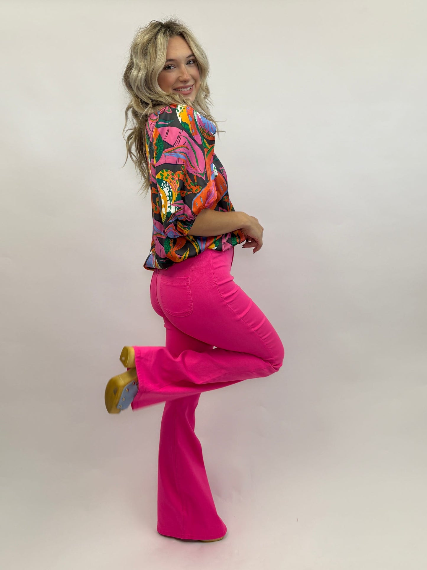 High Waisted Neon Pink Stretch Bell Bottoms