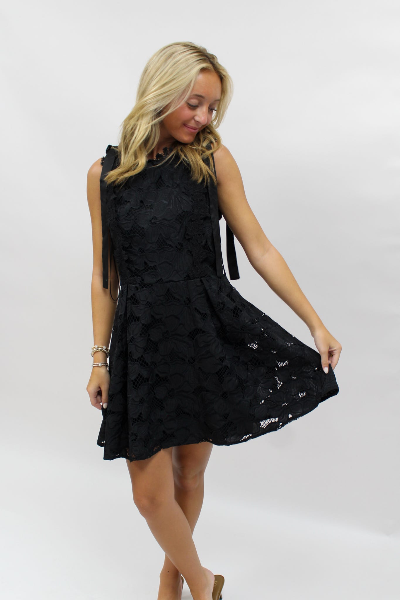 Boat Neckline with Tie Shoulders and Lace Dress - Black