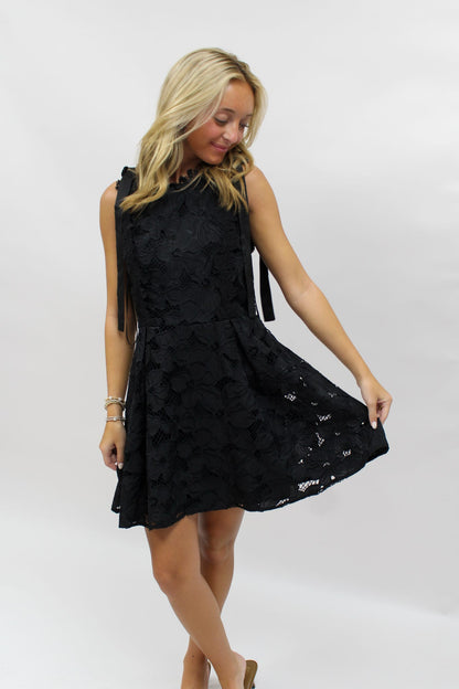 Boat Neckline with Tie Shoulders and Lace Dress - Black