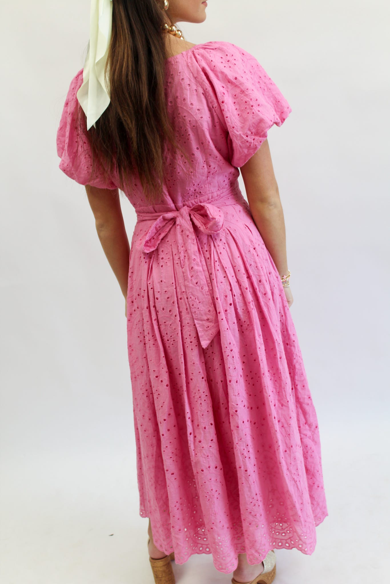 Belle of Spring Pink Eyelet Midi Dress