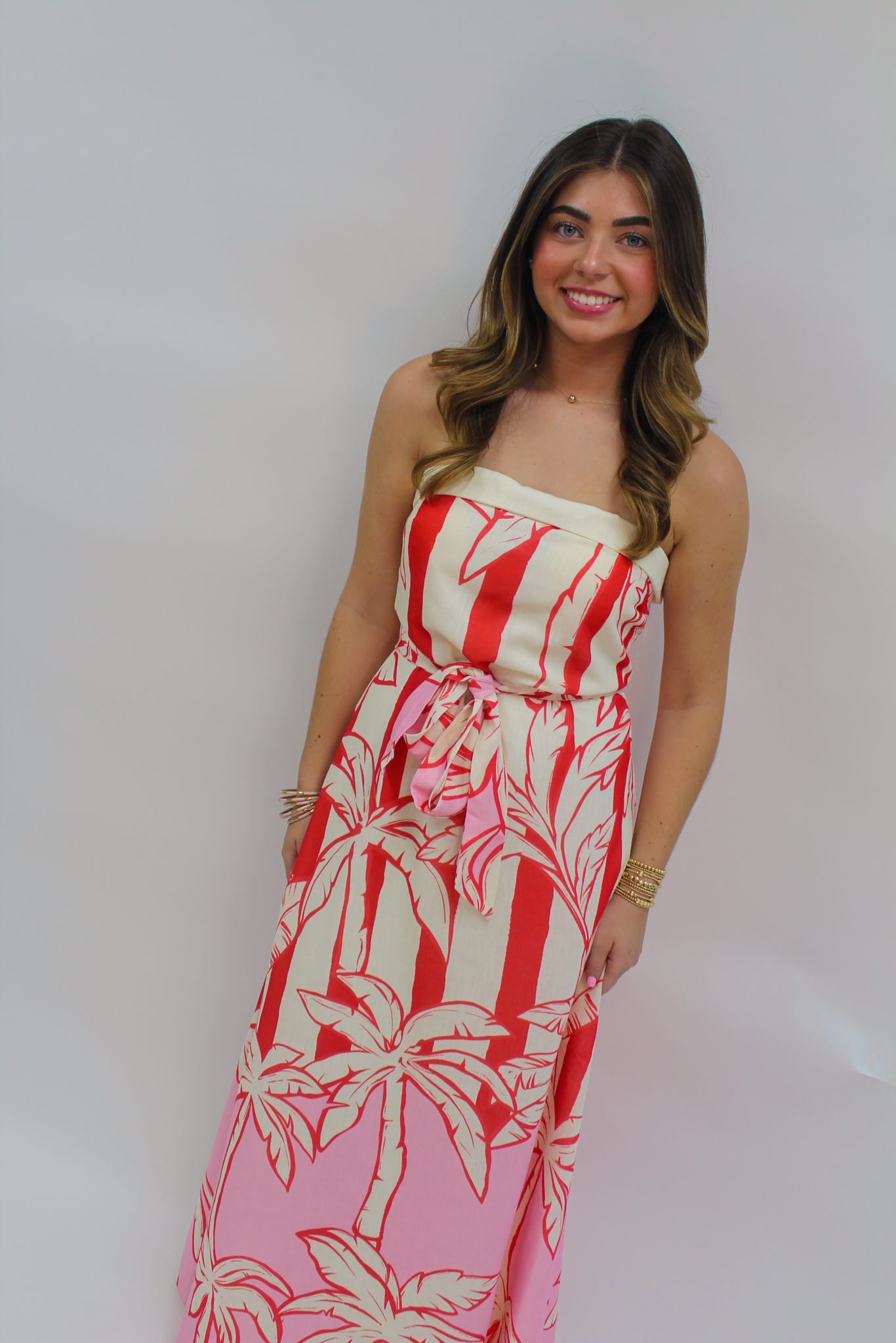 Red Palms Strapless Dress