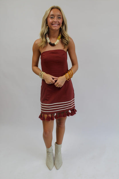 Tailgating & Tassels Strapless Mini Dress