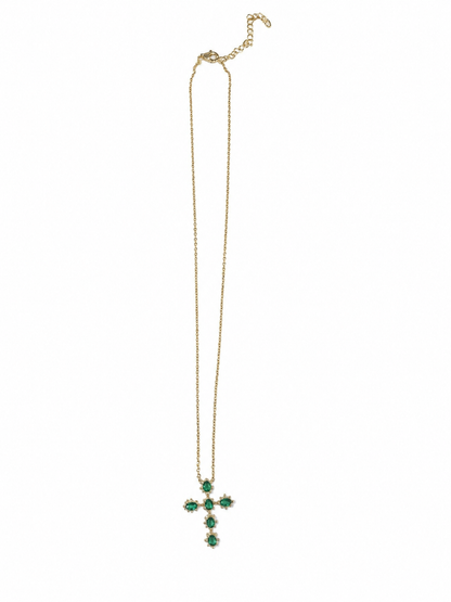 Sterling Silver Colored CZ Cross Necklace ( Green )