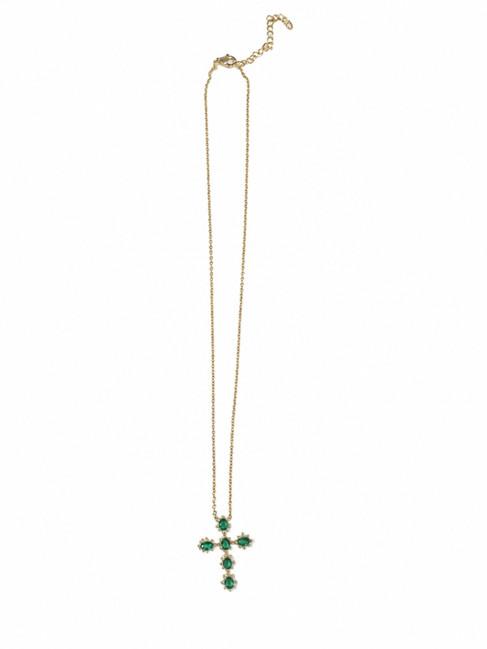 Sterling Silver Colored CZ Cross Necklace ( Green )