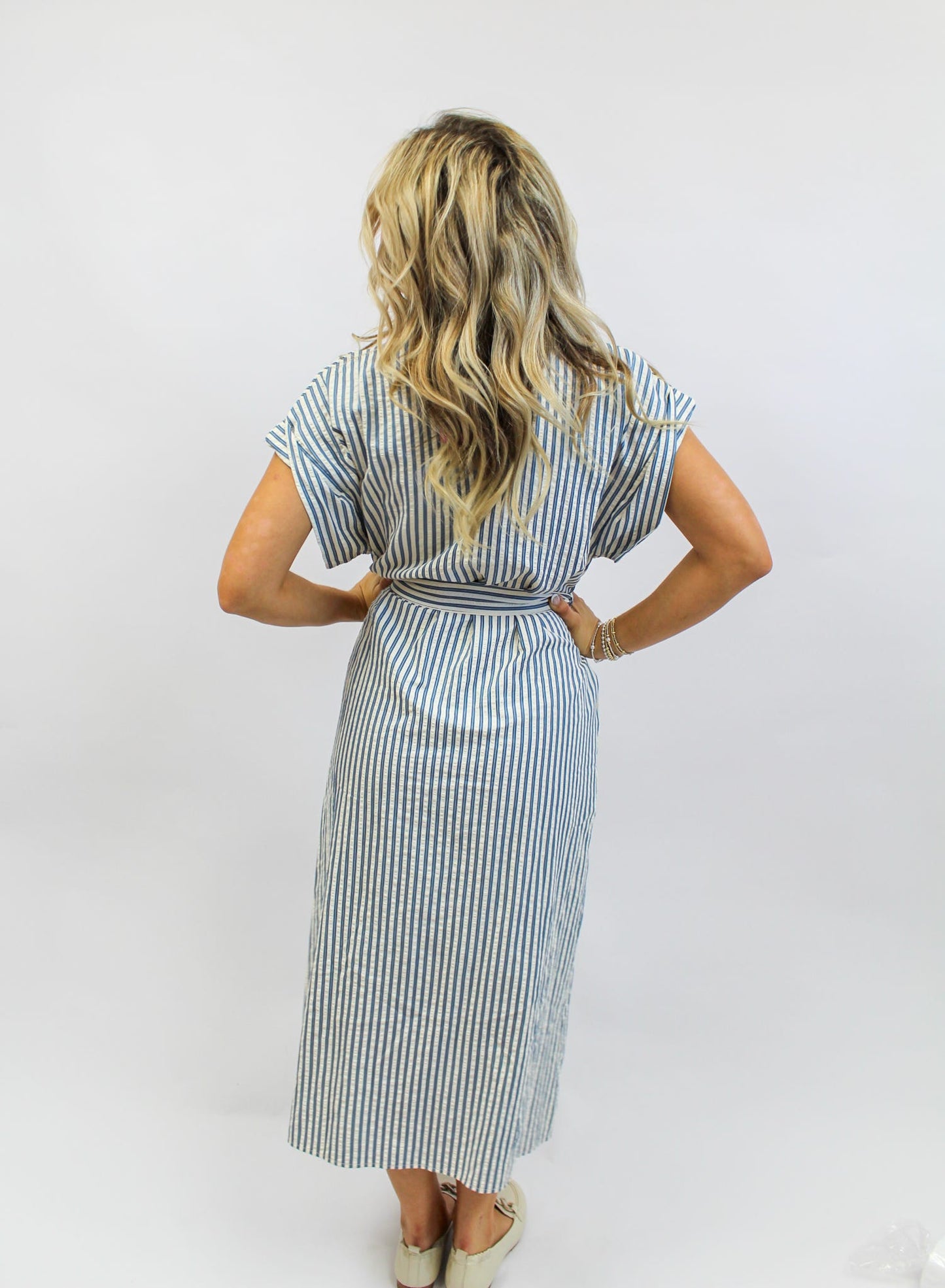 Brianna Blue Button Up Striped Dress