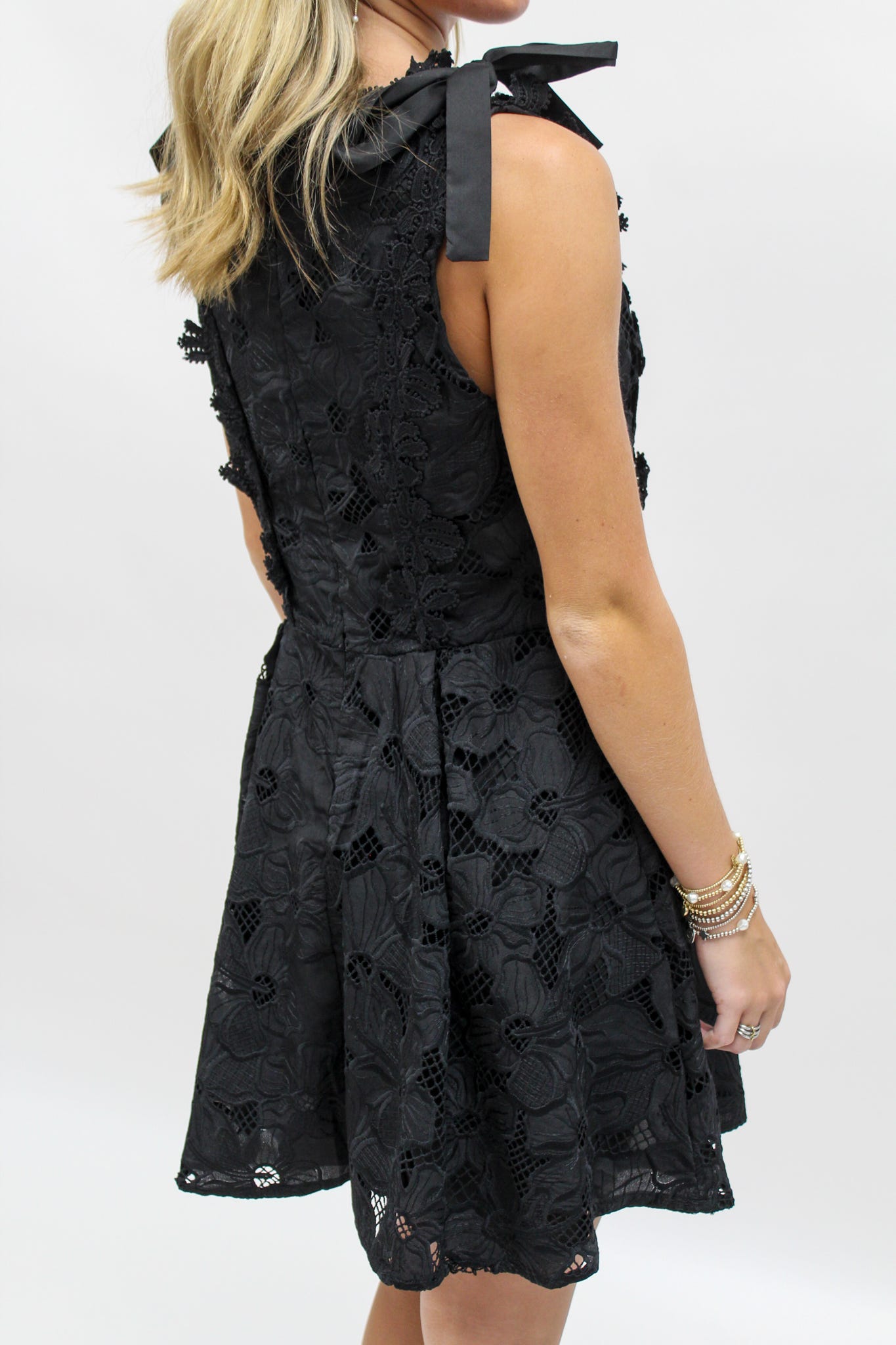 Boat Neckline with Tie Shoulders and Lace Dress - Black