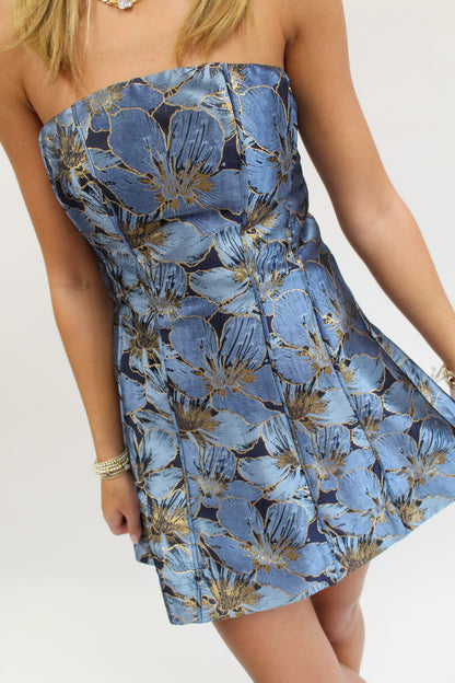 Golden Petal Strapless Mini Dress