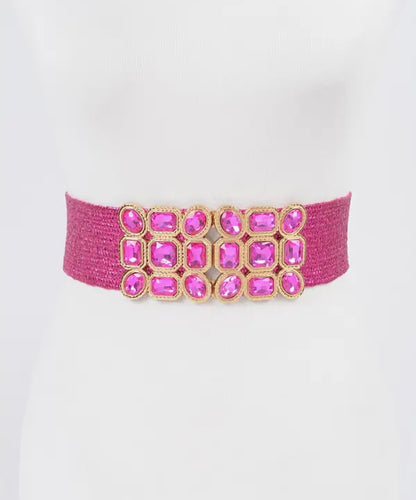 Multi Stone Metallic Straw Stretch Belt