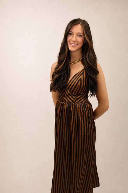 Blake Striped V-Neck Smocked Back Midi Dress