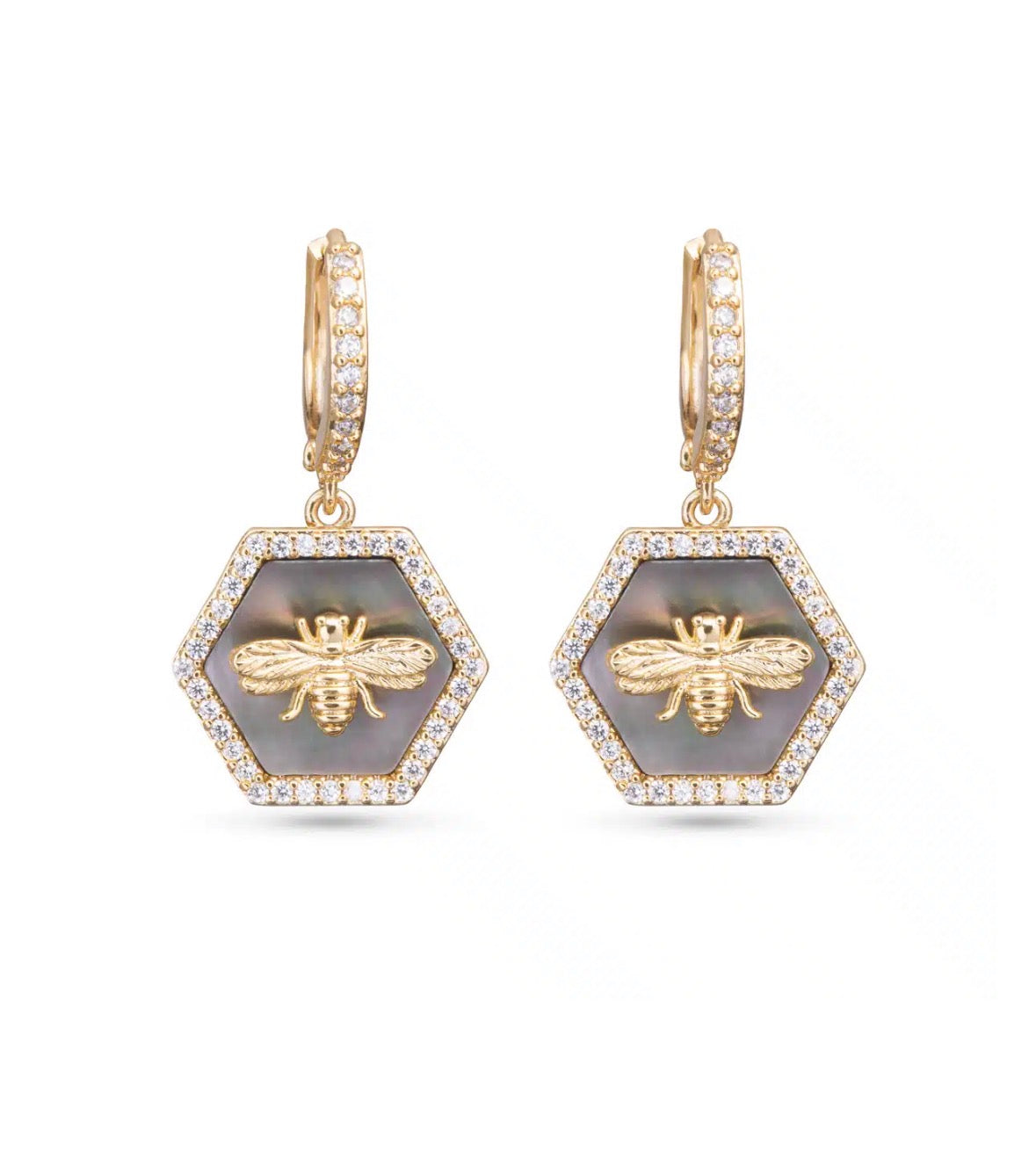 Hexagon Grey Mother of Pearl and CZ with Bee Earrings - Gold