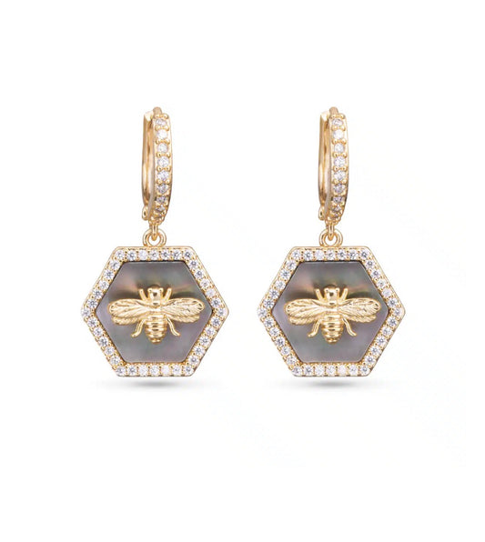 Hexagon Grey Mother of Pearl and CZ with Bee Earrings - Gold