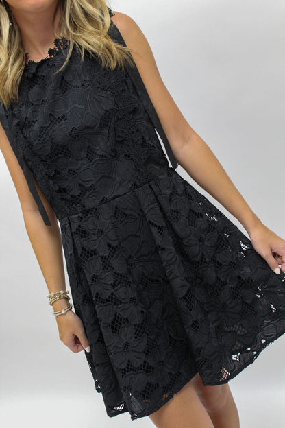 Boat Neckline with Tie Shoulders and Lace Dress - Black